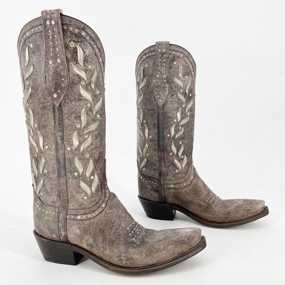 NWOB Lucchese Gray Brown Ornate Studded Snip Toe Western Cowgirl Boot size 6.5 - Picture 1 of 12